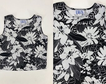 VTG 90s Black and White Floral Print Tank Top Blouse Shirt 1990s Vintage BFA Classics Medium M