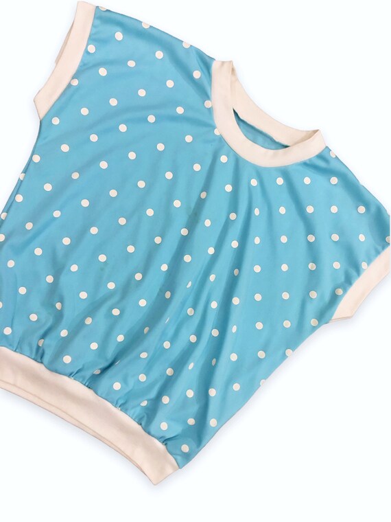 VTG 80s Baby Blue and White Polka Dot Cap Sleeve … - image 2