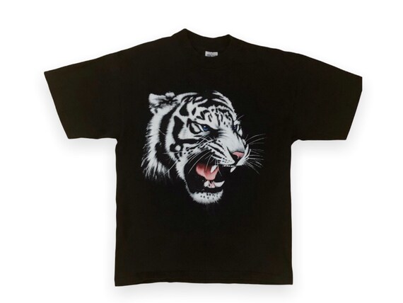 VTG 90s White Siberian Tiger Graphic Tee Black Sh… - image 1