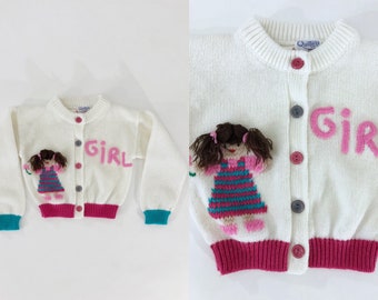 VTG 80s 2T Children’s Cardigan Sweater Girl 3D Embroidered 1980s Vintage