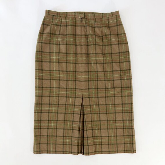 VTG 90s Wool Plaid Midi Skirt High Waisted Tan Br… - image 4