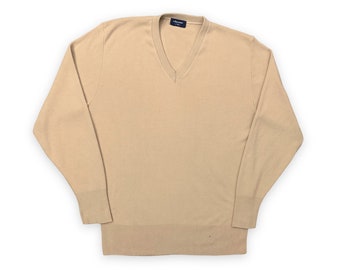 VTG 80s Men’s Arrow Tan Camel V Neck Knit Sweater Vintage 1980s Large L Tall