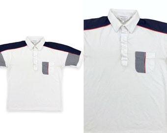 VTG 80s Mens Striped Polo Shirt Short Sleeve T Shirt White Red Blue 1980s Vintage Sears Medium M