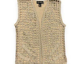 Y2K Gold Metallic Lattice Knit Open Front Sweater Vest Vintage 2000s Lisa Originals Medium M