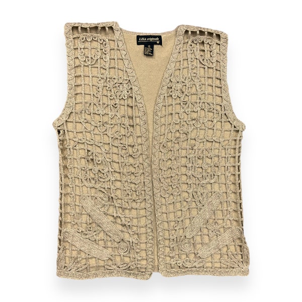 Y2K Gold Metallic Lattice Knit Open Front Sweater Vest Vintage 2000s Lisa Originals Medium M