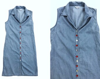 VTG 90s Denim Shirt Dress Apple Embroidered Button Down Collared Midi Dress 1990s Vintage Extra Large XL