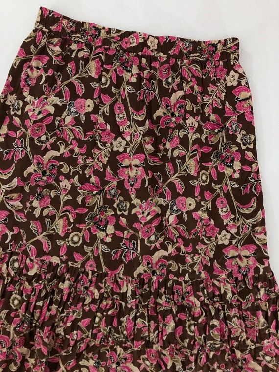 VTG 90s Floral Skirt Brown Pink High Rise Elastic… - image 3