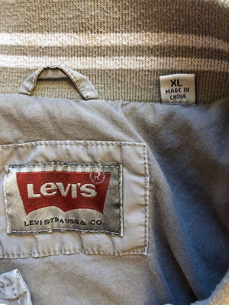 Y2K Levi\u2019s Gray Stripe Trim Snap Button Varsity Jacket Plain 2000s Extra Large XL