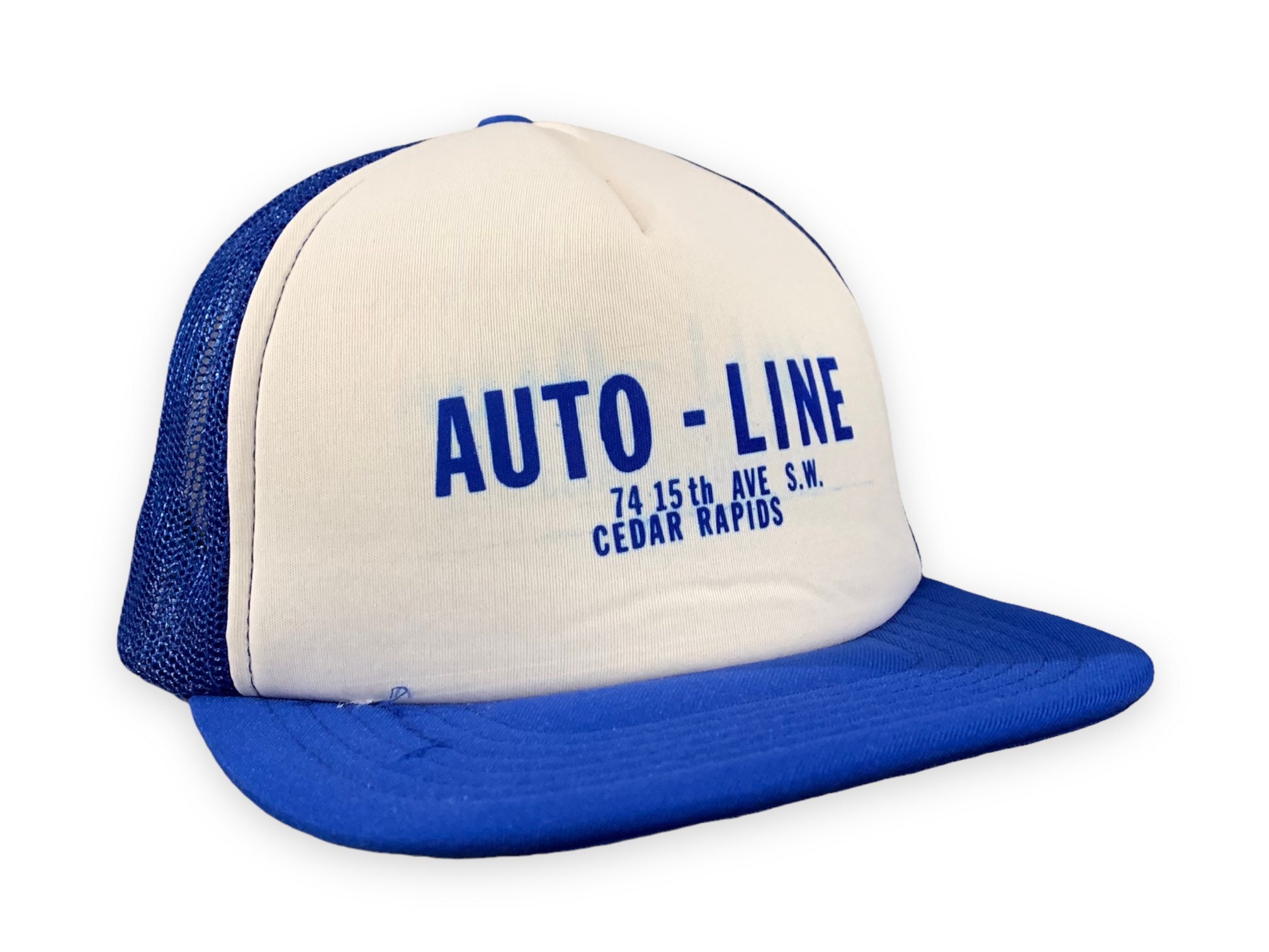 Vintage 1980s Auto Line Cedar Rapids, Iowa Color Block Mesh Snap Back Trucker Hat