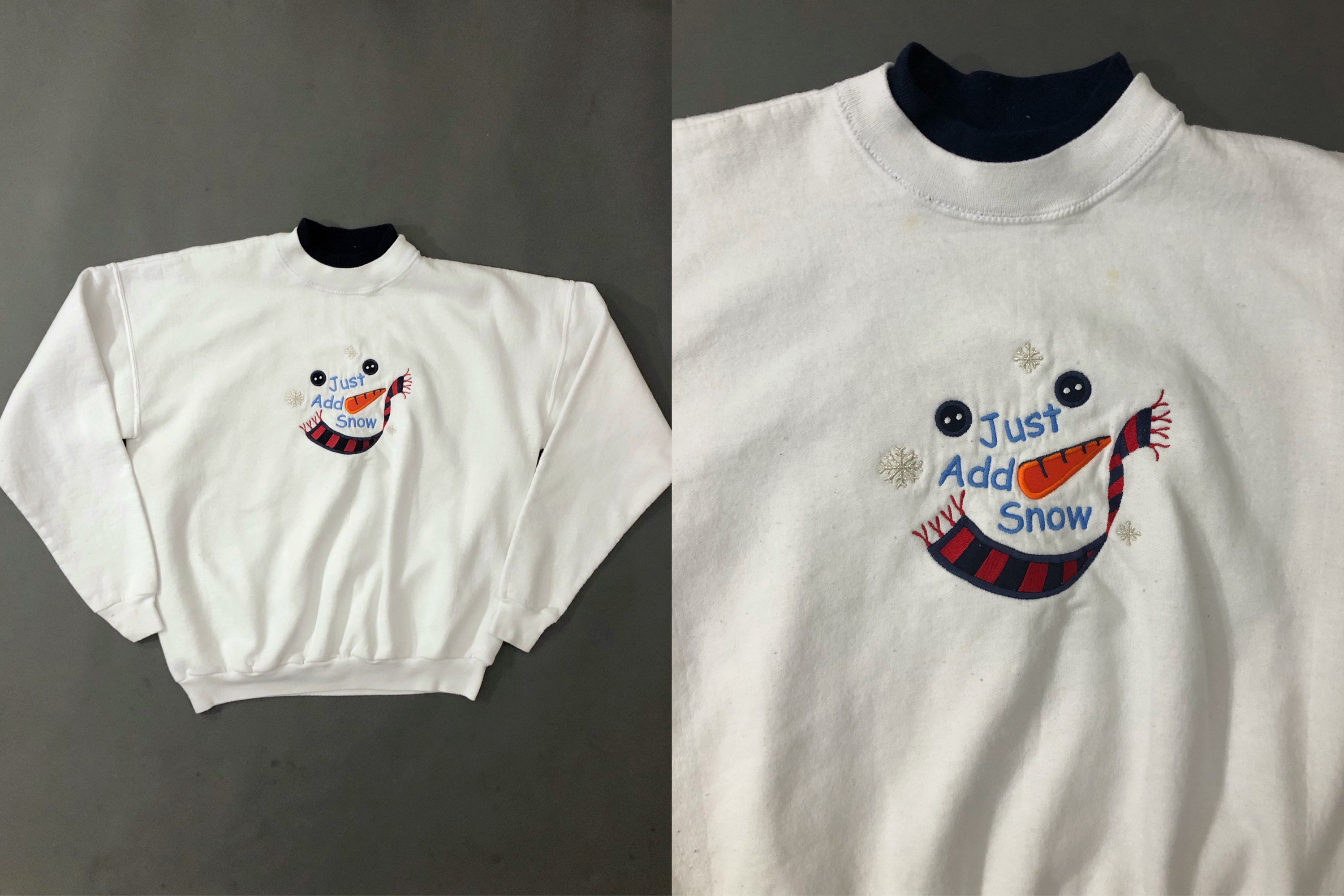 VTG 90s Snowman Embroidered Sweatshirt Just Add Snow Double Collar 