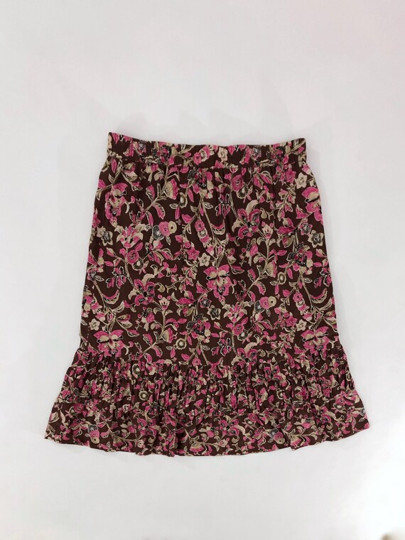 VTG 90s Floral Skirt Brown Pink High Rise Elastic… - image 2