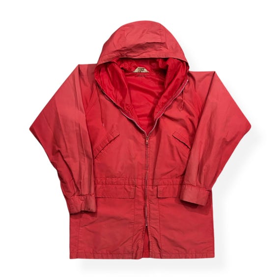 VTG 70s Red Zip Up Hooded Rain Jacket Light Weight Windbreaker
