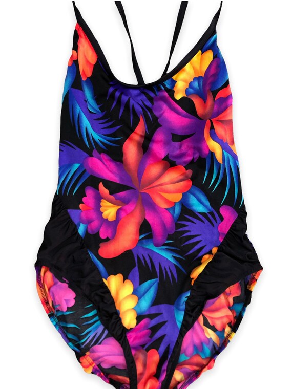 VTG 70s Neon Floral Print One Piece Swimsuit with… - image 2
