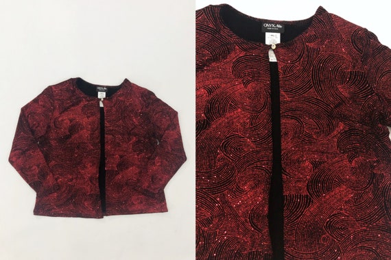 VTG 90s Glitter Party Jacket Black Red Abstract P… - image 1