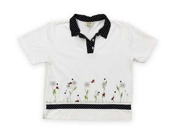 Vintage 1990s Boho Ladybug Embroidered Polo Shirt… - image 1