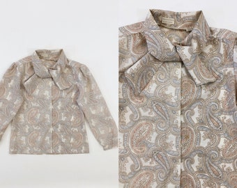 VTG 70s Pastel Paisley Puff Sleeve Button Down Ascot Blouse 1970s Vintage Dorothy Roever Medium M