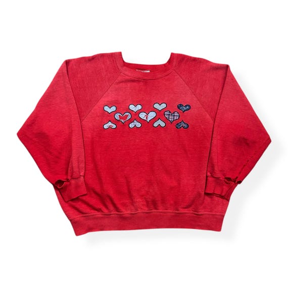 VTG 80s Thrashed Heart Patchwork Red Raglan Sleev… - image 1