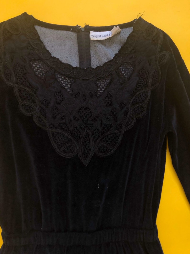 VTG 90s Black Velour Jumpsuit Lace Long Sleeve 1990s Vintage Small S