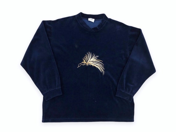 VTG 90s Bird Embroidered Blue Velour Pullover Swe… - image 1