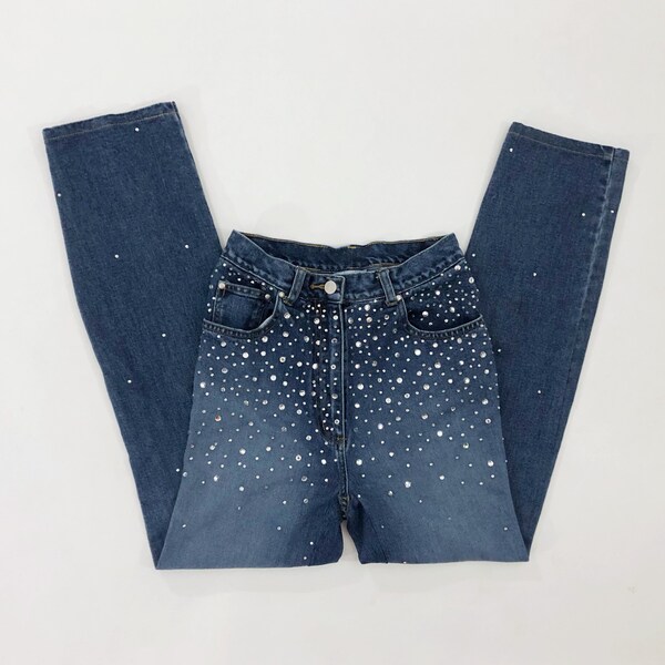 VTG 90s Bedazzled Jeweled High Waisted Skinny Jeans Medium Wash Denim 1990s Vintage Newport News Extra Small XS 26