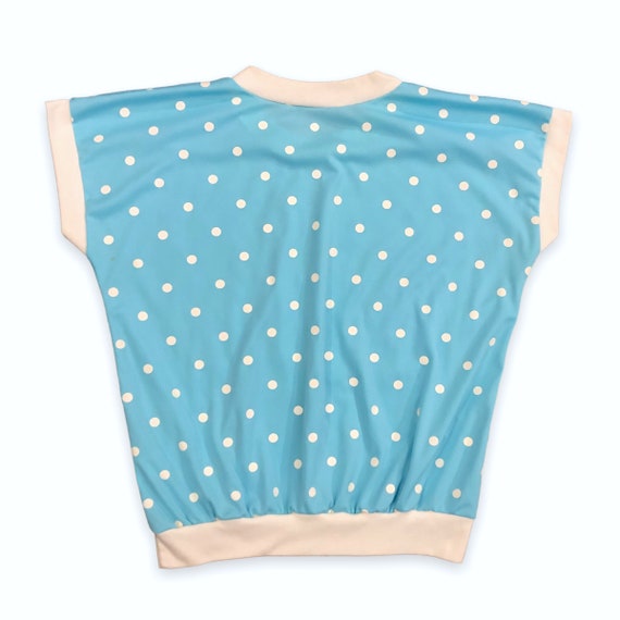 VTG 80s Baby Blue and White Polka Dot Cap Sleeve … - image 3