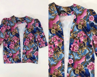 VTG 80s Floral Baroque Puff Sleeve Blazer Open Front Pink Blue Gold 1980s Shoulder Pads Vintage Large L XL