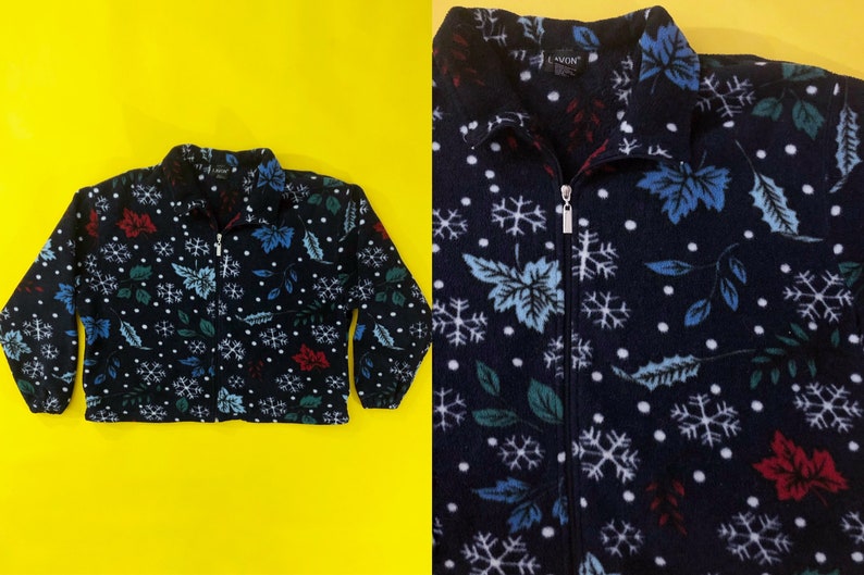 VTG 90s Snowflake and Leaf Fleece Jacket Half Zip Navy Red Blue White Sweatshirt Winter Floral 1990s Vintage XXL 2X