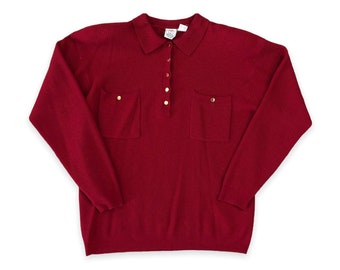 VTG 80s Dark Red Angora Lambswool Ribbed Knit Polo Sweater with Gold Buttons and Pockets Vintage 1980s JG Hook Large L