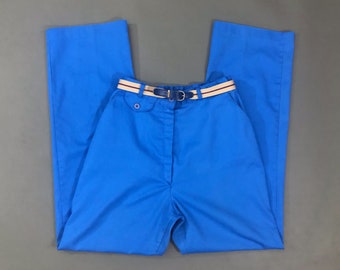 VTG 80s Blue Belted Trousers Tapered Leg High Rise 1980s Vintage Small S 26