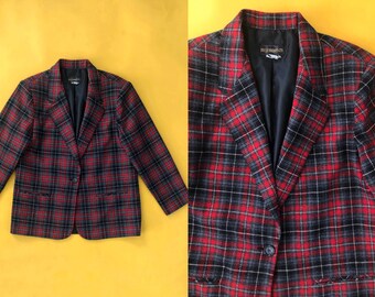 VTG 80s Wool Plaid Blazer Red Black Gray Yellow Check Jacket Single Breasted 1980s Vintage Extra Large XL