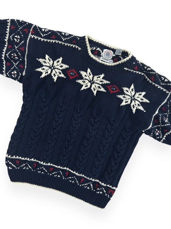 VTG 90s Navy Fair Isle Chunky Knit Pullover Sweat… - image 2