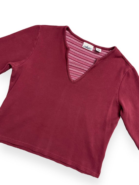 Y2K Wine Red Knit Split Neck Boho Shirt Top with … - image 2