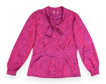 VTG 80s Magenta Satin Floral Jacquard Puff Sleeve Ascot Blouse Vintage 1980s Medium M