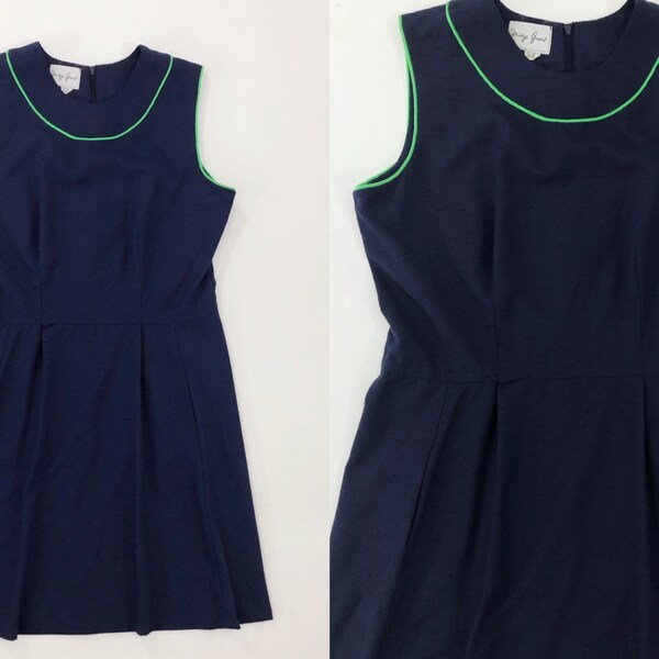 VTG 70s Midge Grant Mod Plisado Sin Mangas Mini Vestido Azul Marino Neón Verde Contraste Trim 1970s Vintage Extra Grande XL