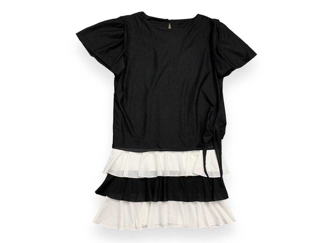 VTG 70s Color Block Drop Waist Scooter Dress With Tiered Pleated Skirt