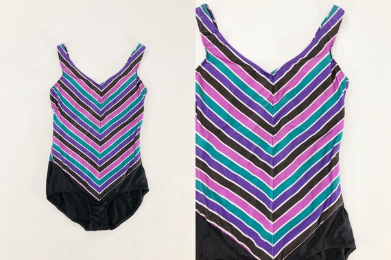 VTG 70s Chevron Stripe One Piece Swim Suit Swimwe… - image 1