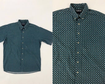 VTG 90s Teal Geometric Print Short Sleeve Button Down Shirt 1990s Vintage Honors Mens Large L