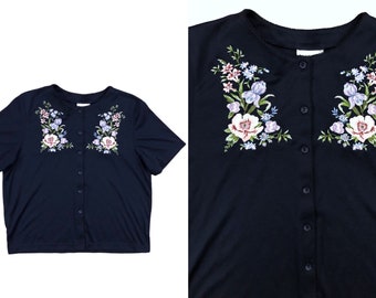 VTG 90s Boho Floral Embroidered Navy Blue Button Down Blouse Shirt Lace Trim 1990s Vintage BonWorth Large L