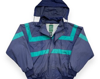 VTG 90s Faded Purple and Teal Striped Windbreaker Jacket with Hide Away Hood Vintage 1990s Ivy Club Extra Large XL