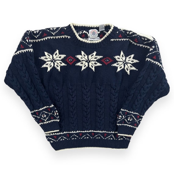 VTG 90s Navy Fair Isle Chunky Knit Pullover Sweat… - image 1