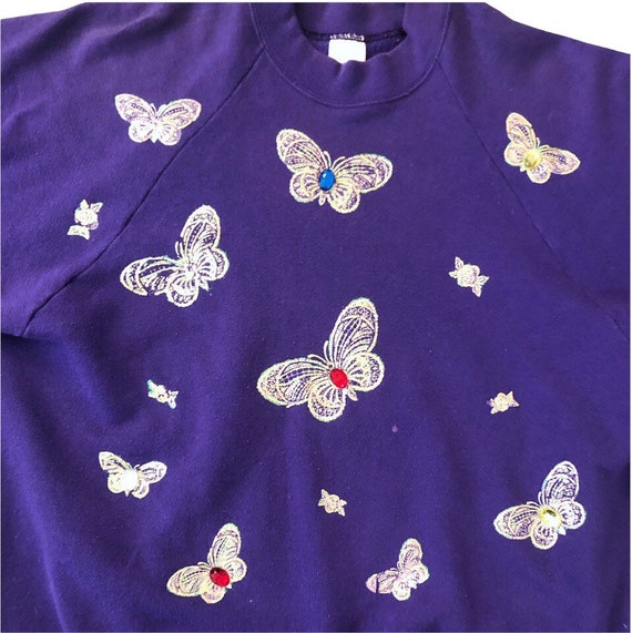VTG 90s Jeweled Butterfly Sweatshirt Gold Glitter… - image 2
