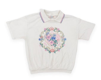 VTG 80s Boho Floral Heart Print Embroidered Collar Graphic Tee Short Sleeve T Shirt Cottagecore 1980s Vintage Large L