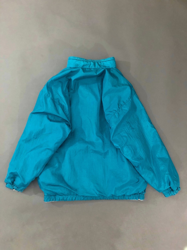 VTG 90s Reversible Teal Nylon Windbreaker Snap Button Gray Fleece Triangle Print Velcro Pocket 1990s Vintage Small S Medium M Large L XL