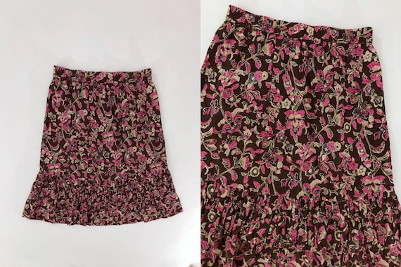 VTG 90s Floral Skirt Brown Pink High Rise Elastic… - image 1