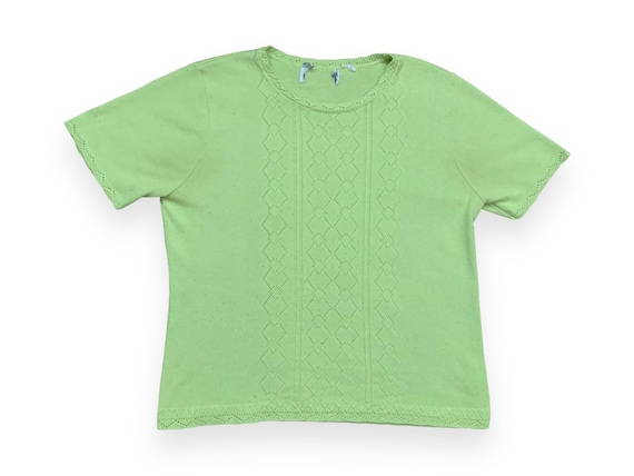 VTG 80s Chartreuse Boho Eyelet Knit Short Sleeve … - image 1