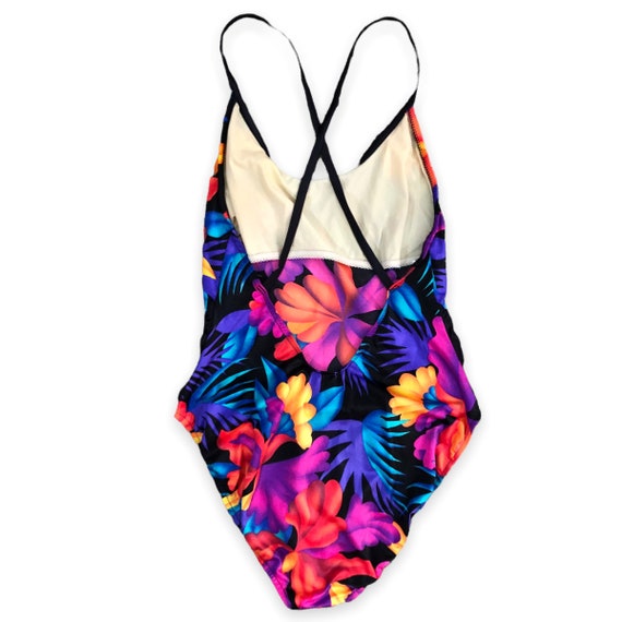 VTG 70s Neon Floral Print One Piece Swimsuit with… - image 3