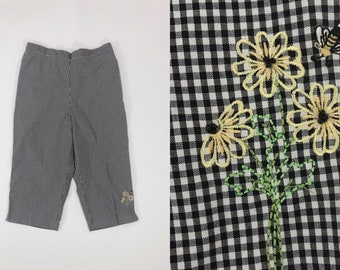 VTG 90s Gingham Floral y Bumble Bee bordado High Rise Capri Culottes Cintura elástica 1990s Vintage Grande L