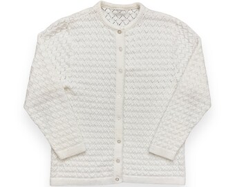 VTG 80s Handmade White Boho Eyelet Knit Cardigan Sweater Vintage 1980s Large L
