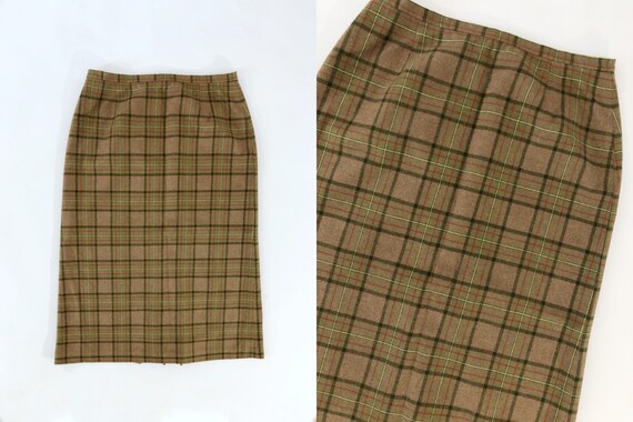 VTG 90s Wool Plaid Midi Skirt High Waisted Tan Br… - image 1