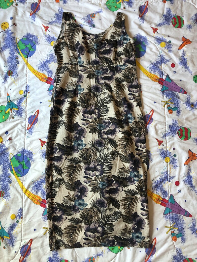 VTG 1990s Grunge Floral Linen Midi Jumper Dress Sleeveless Button Up 90s Medium M